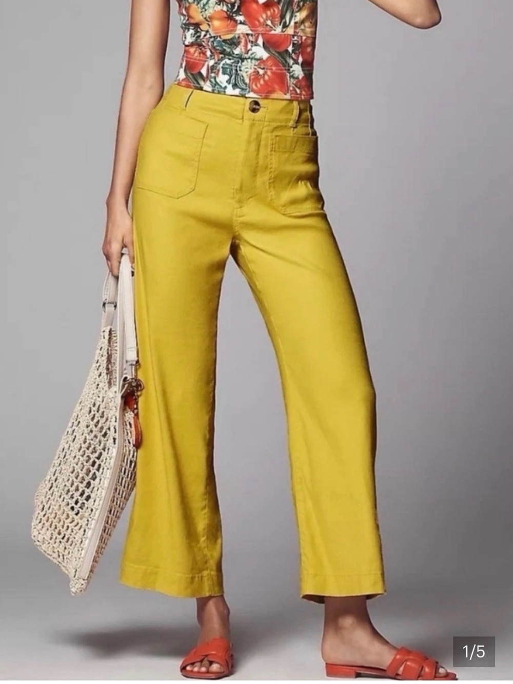 Anthropologie Maeve Lemon-Yellow Wide-Leg Cropped Colette linen pants.